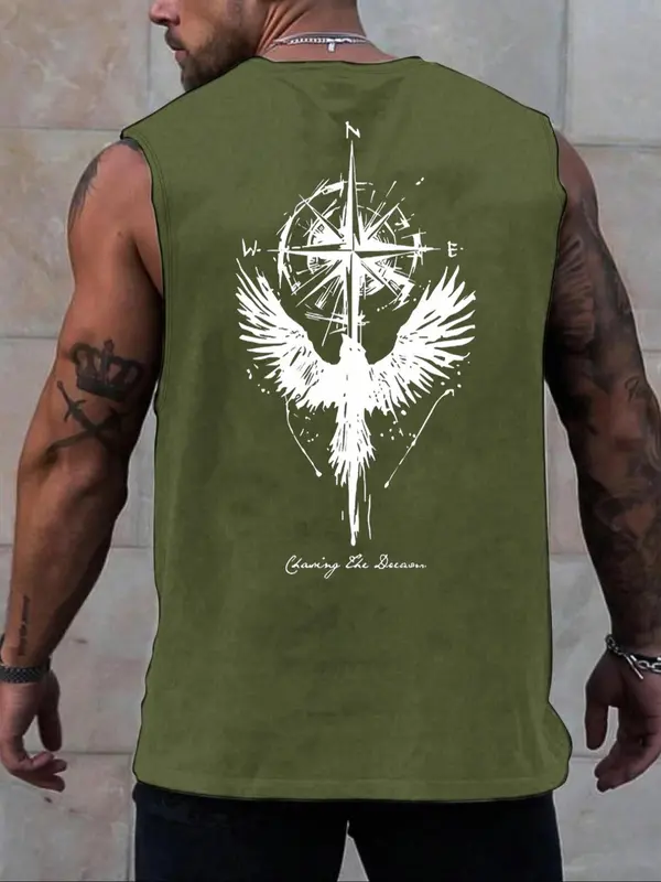 Men's Eagle Print Tank Top, Regular Fit Casual Letter Graphic Sleeveless Vest for Summer, Men's Top for Outdoor Climbing, Fitness Wear, Tropical 1