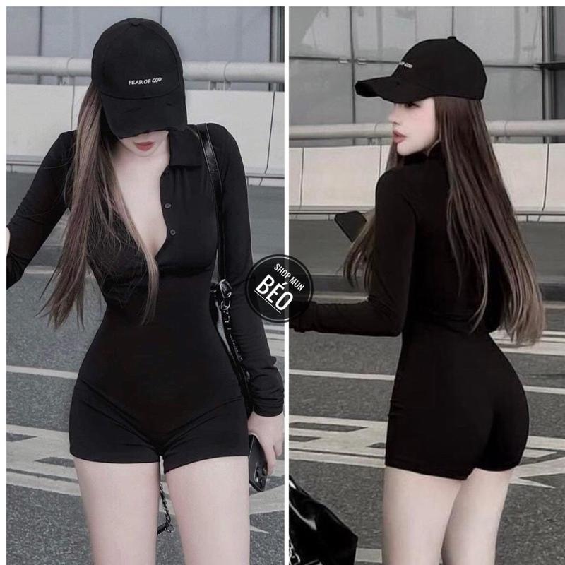 Jumpsuit tay dài cổ trụ nút cài phom ngắn chất thun gân thái co giãn thích hợp mặc đi tiệc đi làm đi chơi Nữ lara