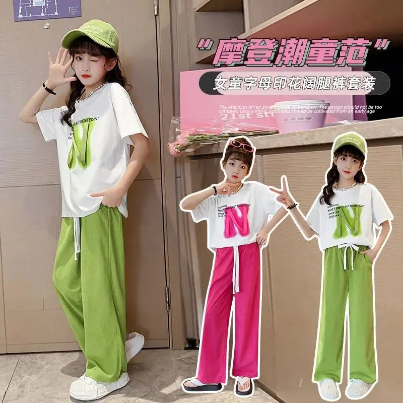 Bộ Đồ Mùa Hè Cho Bé Gái, Thời Trang Trẻ Em Mới, ngắn Tay, Cỡ Trung Bình Và Lớn, Bộ Đồ Hai Mảnh, Phong Cách Thường Ngày Quần Ống Rộng, Bán Chạy Trên Internet, Thời Trang 1