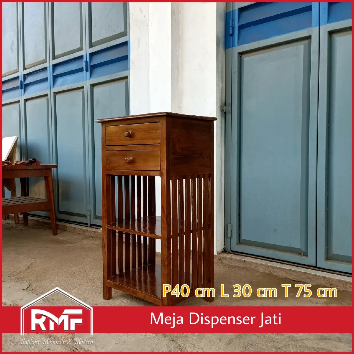 Meja dispenser jati minimalis dengan 2 laci