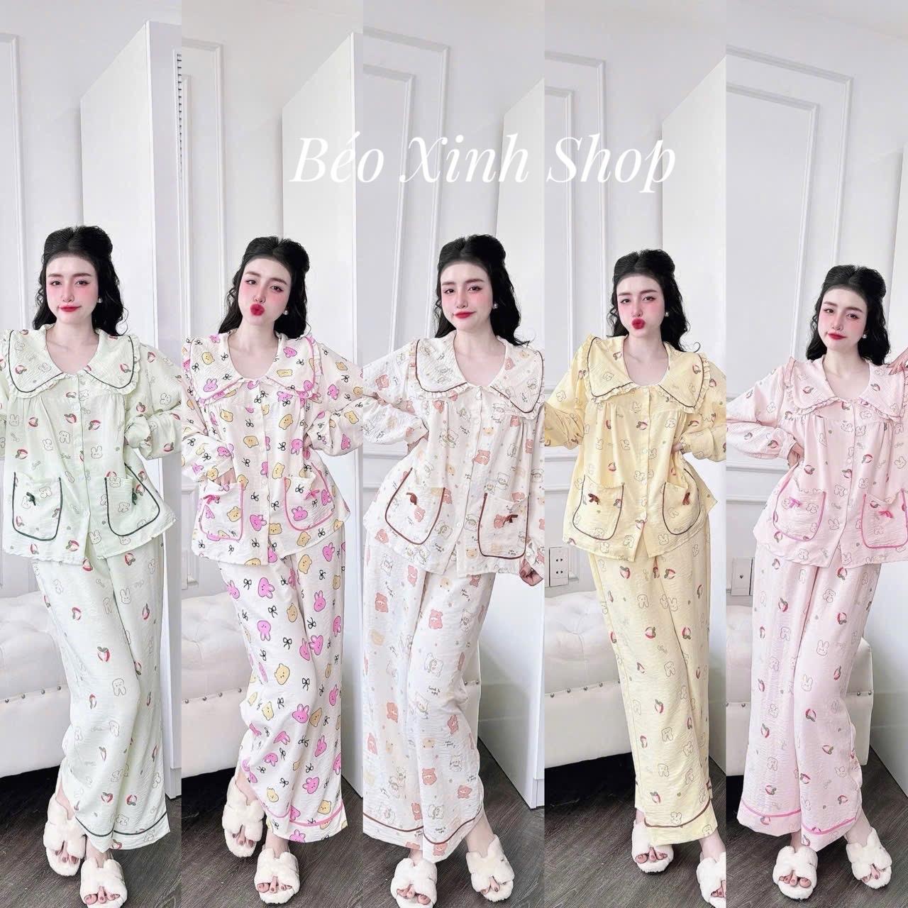Đồ Bộ - Đồ Ngủ Tay Dài Pijama Bigsize 50-90kg Cổ Sen 2 Túi Cột Dây Vải Đũi Xốp Nữ Áo Ngủ - A.5613