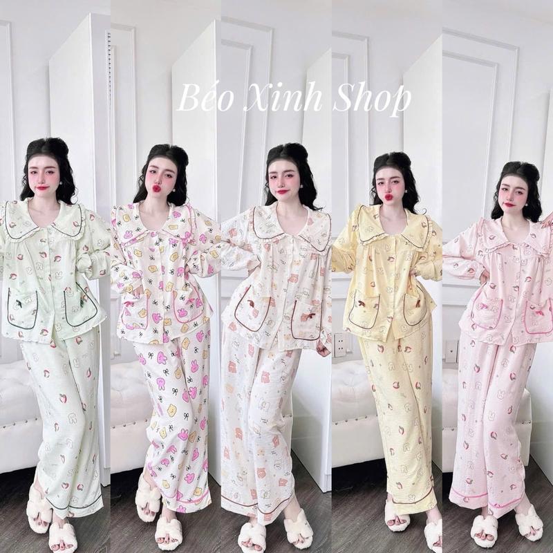 Đồ Bộ - Đồ Ngủ Tay Dài Pijama Bigsize 50-90kg Cổ Sen 2 Túi Cột Dây Vải Đũi Xốp Nữ Áo Ngủ - A.5613