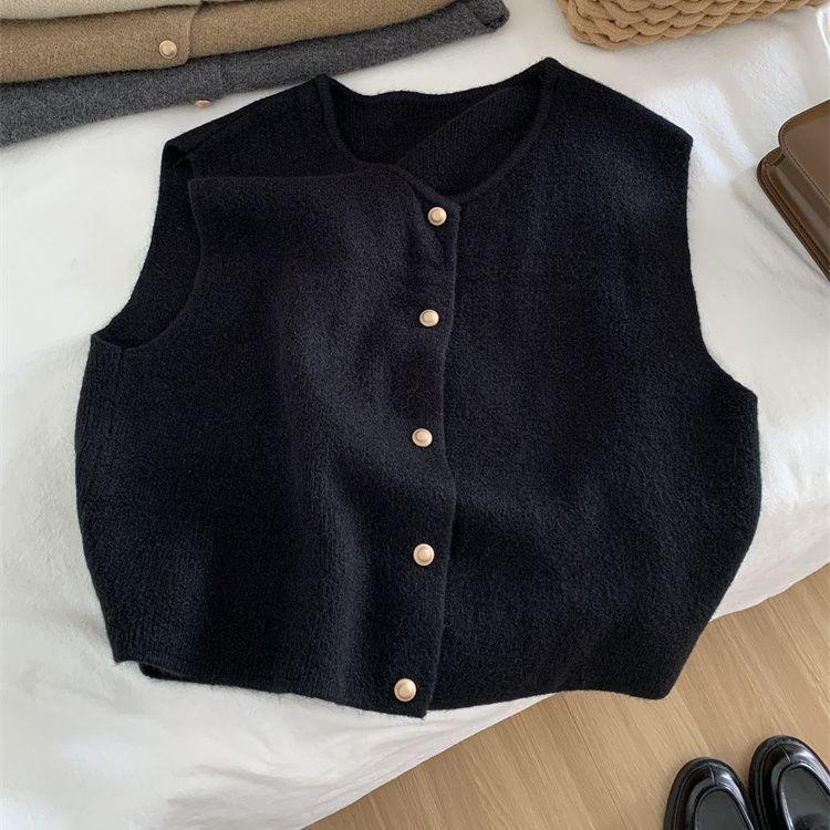 Áo Vest Dệt Kim, Phong Cách Nhẹ Nhàng, Một Hàng, Cỡ Nhỏ, Nút Vàng, Cổ Tròn, Áo Ba Lỗ Không Tay Phong Cách Hàn Quốc, Dành Cho Nữ, Có Thể Mặc Ngoài Trời 2
