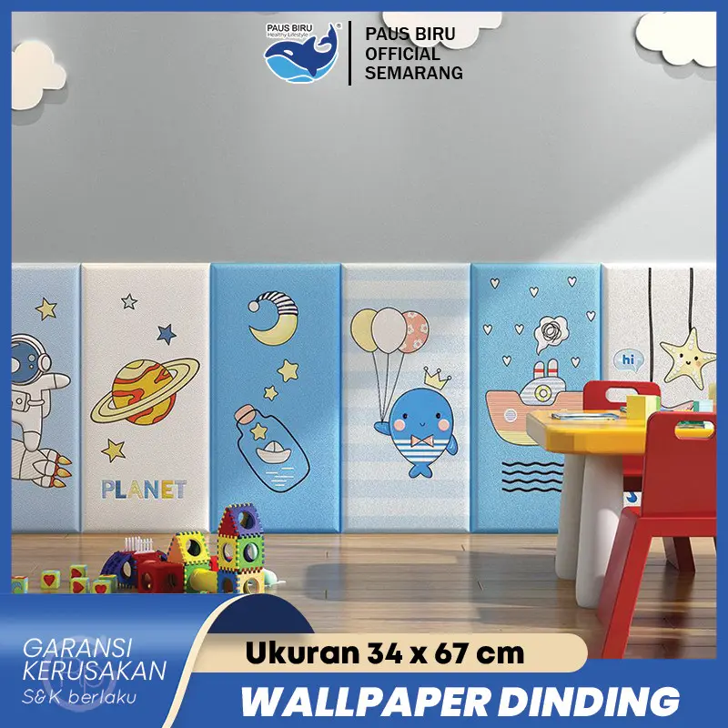 Paus Biru - Wallpaper Dinding Kamar Anak Foam Aesthetic 34 x 67cm Wallpaper Tembok Playground Bayi