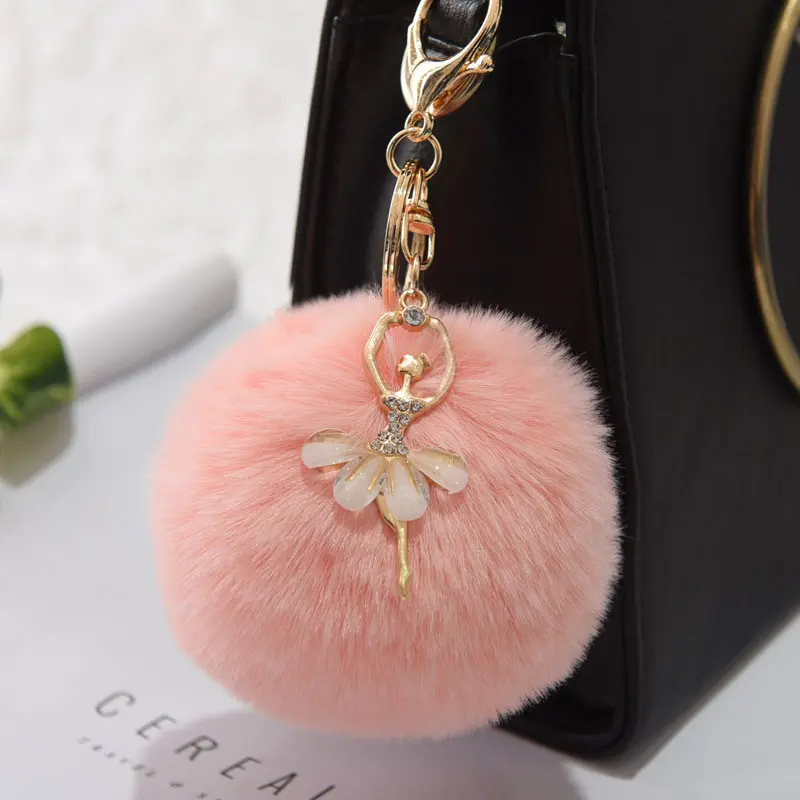 Rhinestone Ballerina Girls Keychains with Colorful Fur Ball Pendant Classic Charms Keyring for Women Car Key Accessories Gifts