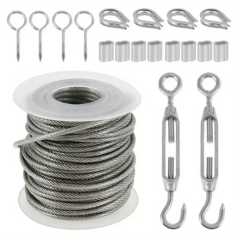 Stainless Steel Wire Rope Hanging Kit, Outdoor String Light Hook Tightening Line Pack, Garden Wire Rope, Outdoor Tent Rope, Cleaning Rope Kit, Tension Rope, Suspension Rope, Adjustable Hanging Ropes 0