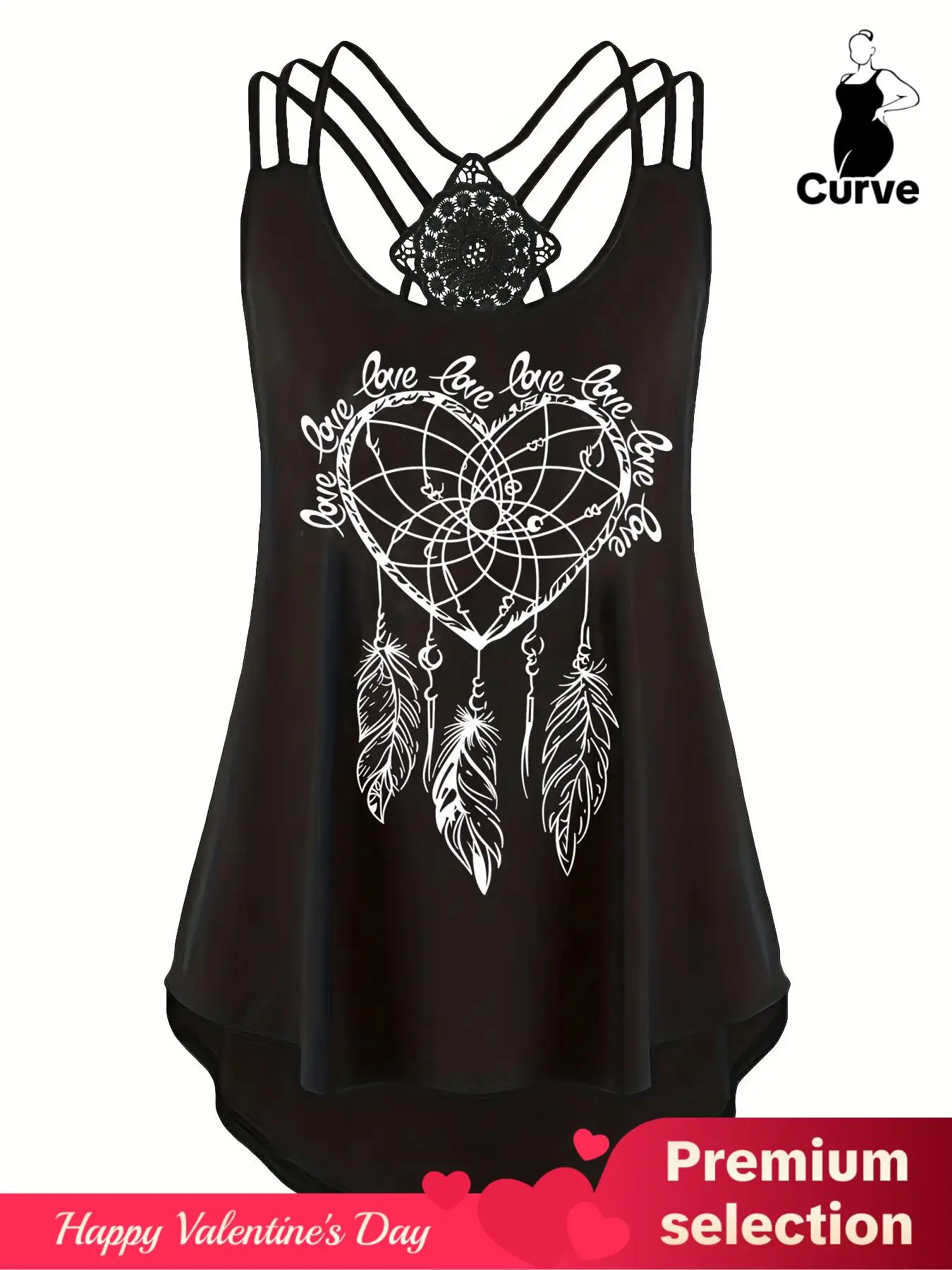 Costume Plus Size Heart & Feather Graphic Print Criss Cross Backless Tank Top, Casual Scoop Neck Sleeveless Top for Summer, Women's Plus Clothing for Daily Wear Valentine's Day, gift