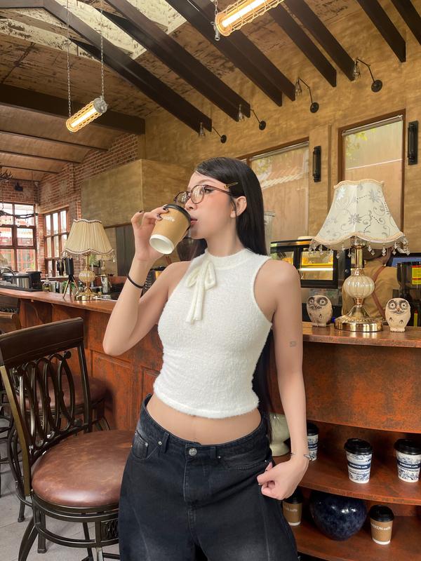 Áo ba lỗ form dài phối nơ nữ tính - FLUFFY TOP JUICY CLUB 1