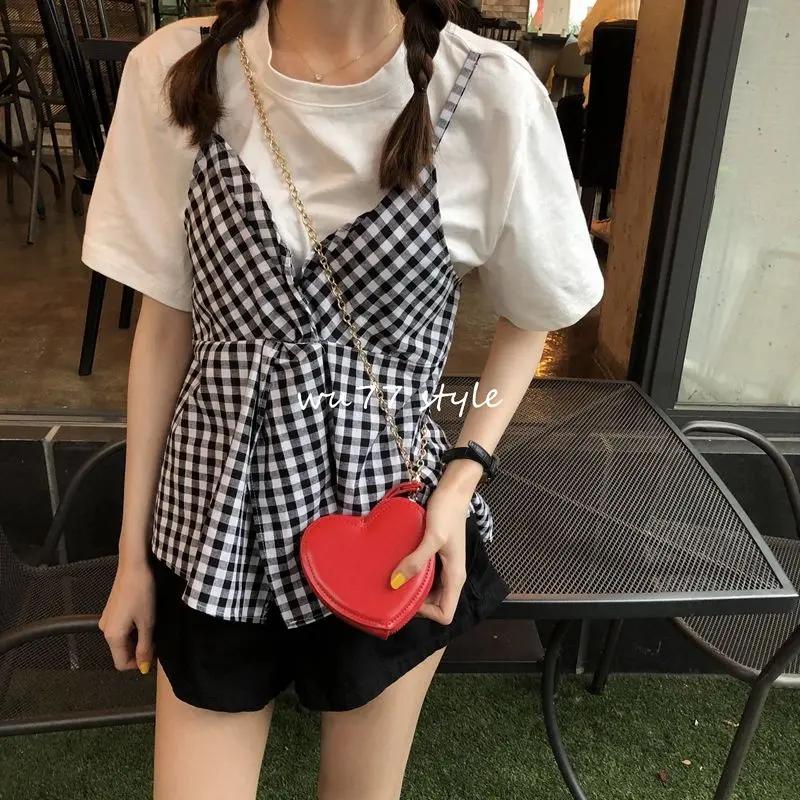 Áo Thun Giả Hai Lớp, Thiết Kế Khâu Đẹp, Phong Cách Hàn Quốc, Dáng Rộng Vừa Vặn, Bó Sát, Buộc Dây, Áo Thun Vest Kẻ Sọc, ngắn Tay Mùa Hè Cho Nữ áo  caro  nữ  sơ  mi 4