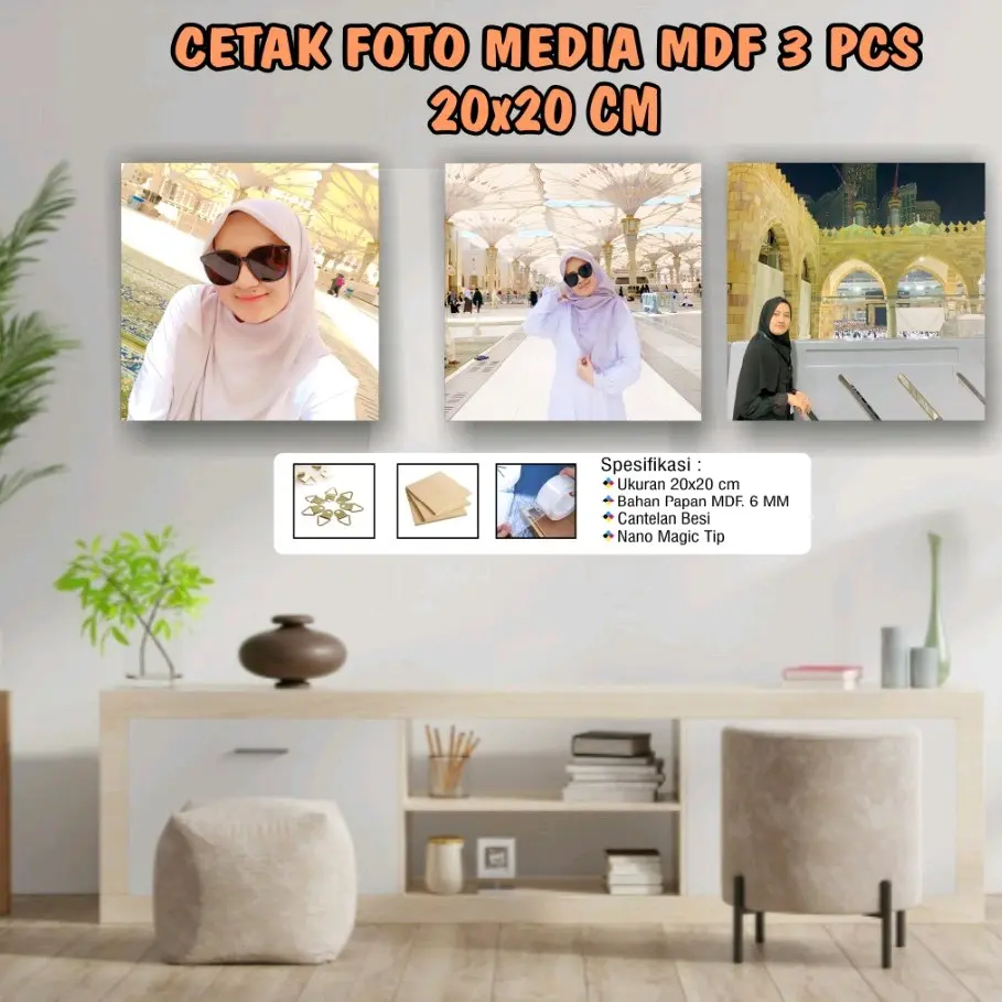 ( 3 PCS ) CETAK FOTO + BINGKAI 20+20cm MEDIA KAYU MDF 6mm Besi