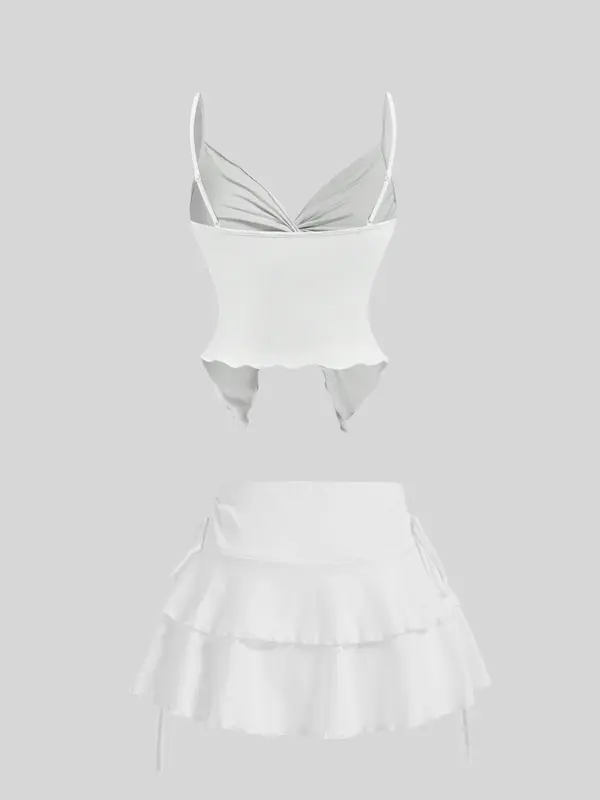 Women's Solid Color Crop Cami Top & Skirt Two-Piece Set, Chic Fashion Casual Butterfly Sleeve Top & Skirt for Daily Outdoor Wear, Ladies for Summer, Lingerie 7