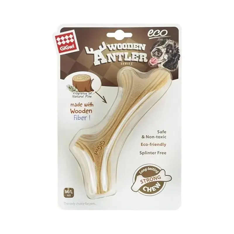 Wooden Plush Canvas Chew Toy for Dogs, Wooden Antler 13.5cm