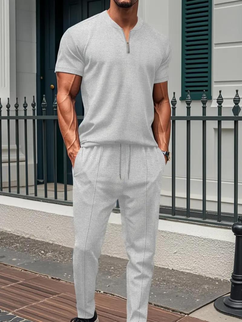 Product Introduction of Men's Solid Color Half Zip Up Tee & Top-Stitching Drawstring Waist Pants Set, Regular Fit Casual Comfy Short Sleeve T-shirt & Pocket Trousers, Fashion Men's Two-Piece Outfits for Daily Wear 3