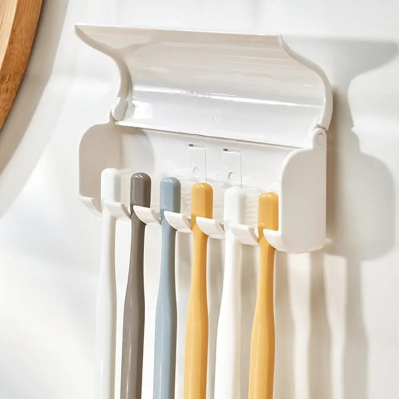 1 Piece Wall Mounted Toothbrush Holder, Punch-free Plastic Toothbrush Storage Rack With Cover For Bathroom 2