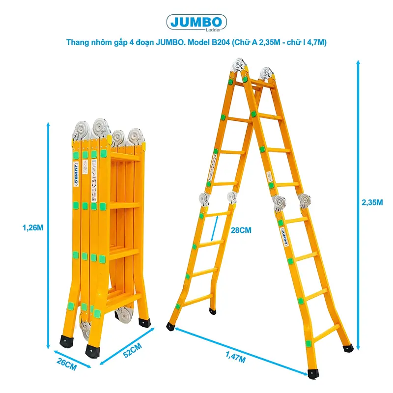 Thang nhôm gấp 4 đoạn JUMBO B204, chữ A cao 2.35m, chữ I cao 4.7m, 14 tư thế sử dụng, tải trọng 300kg 2