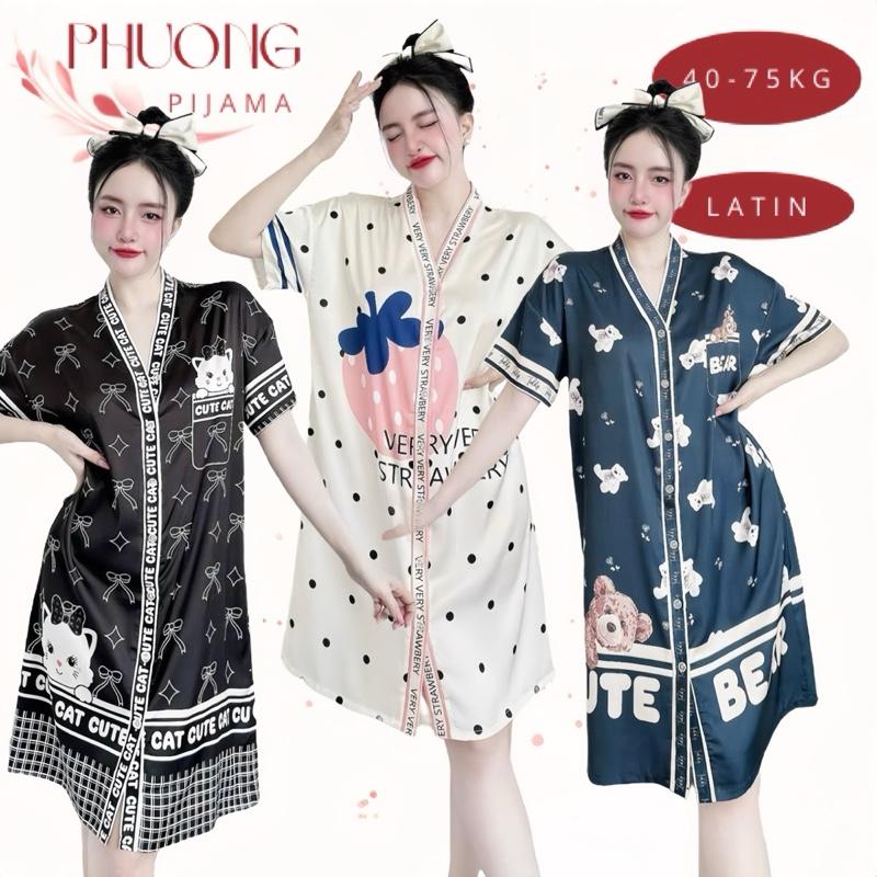 Váy đầm ngủ nữ cổ V tay ngắn lụa xước mềm mịn mát, hoạ tiết dễ thương, từ 40kg-75kg, mặc bốn mùa - Women, Dress Váy Ngủ Nhung