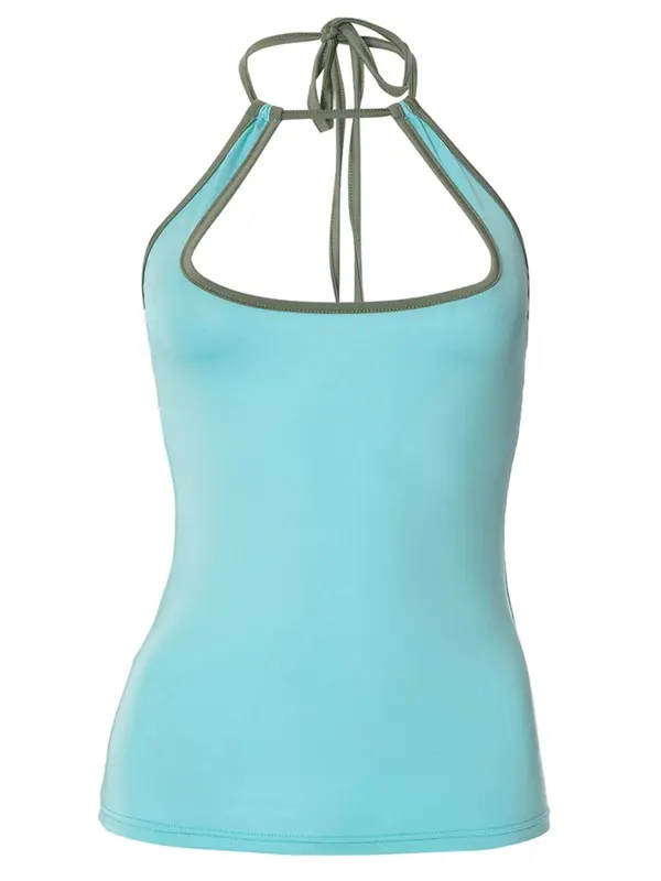 Women's Colorblock Contrast Binding Halter Neck Tank Top, Street Fashion Casual Tie Back Backless Top for Daily Outdoor Wear, Ladies Clothes for Summer, Camisole, Womenswear 3