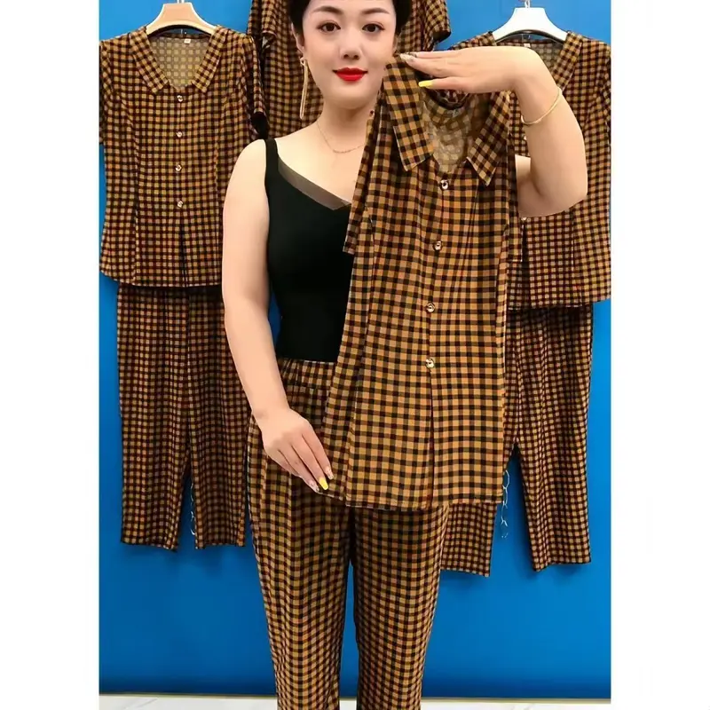 Quần Áo Mùa Hè Cho Mẹ, Bộ Đồ Hai Mảnh ngắn Tay, Bộ Đồ Nữ Trung Người Già Và Cao Tuổi, Bộ Áo Phông Cổ Tròn, Áo Sơ Mi Nhỏ Dáng Rộng Vừa Vặn, Thích Hợp Cho Phụ Nữ 50 Đến 60 Tuổi, Phong Cách Y2g 7