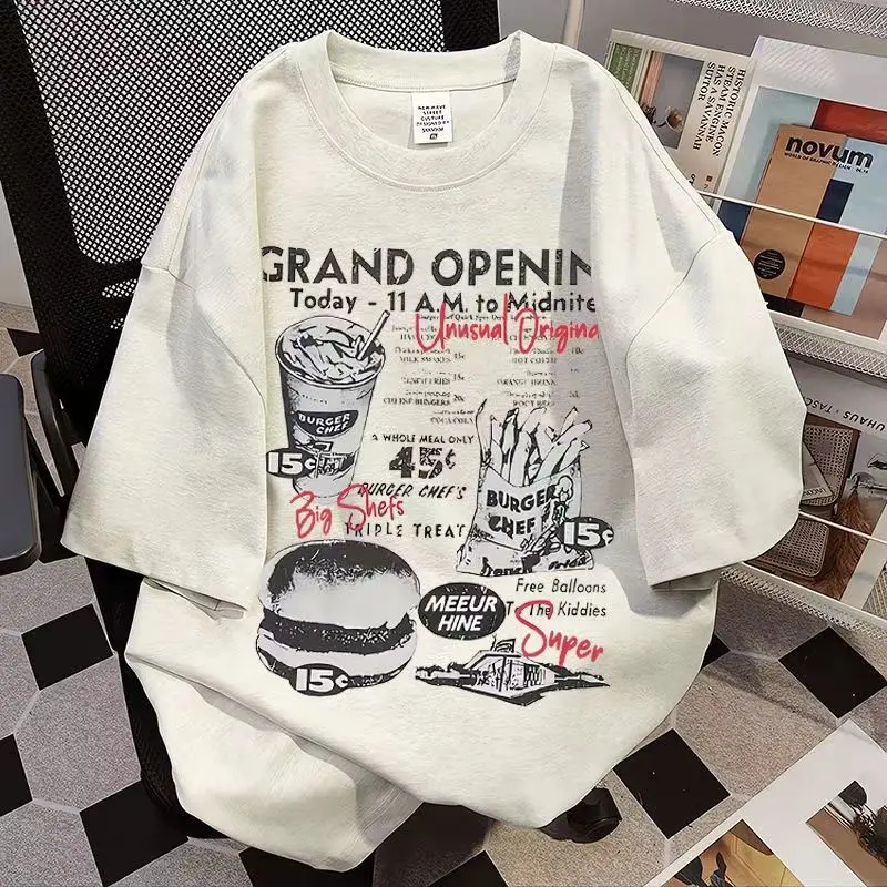 Casual Style American Retro French Fries and Burger Print Short Sleeve Unisex Couple Loose Half Sleeve Trendy T-Shirt