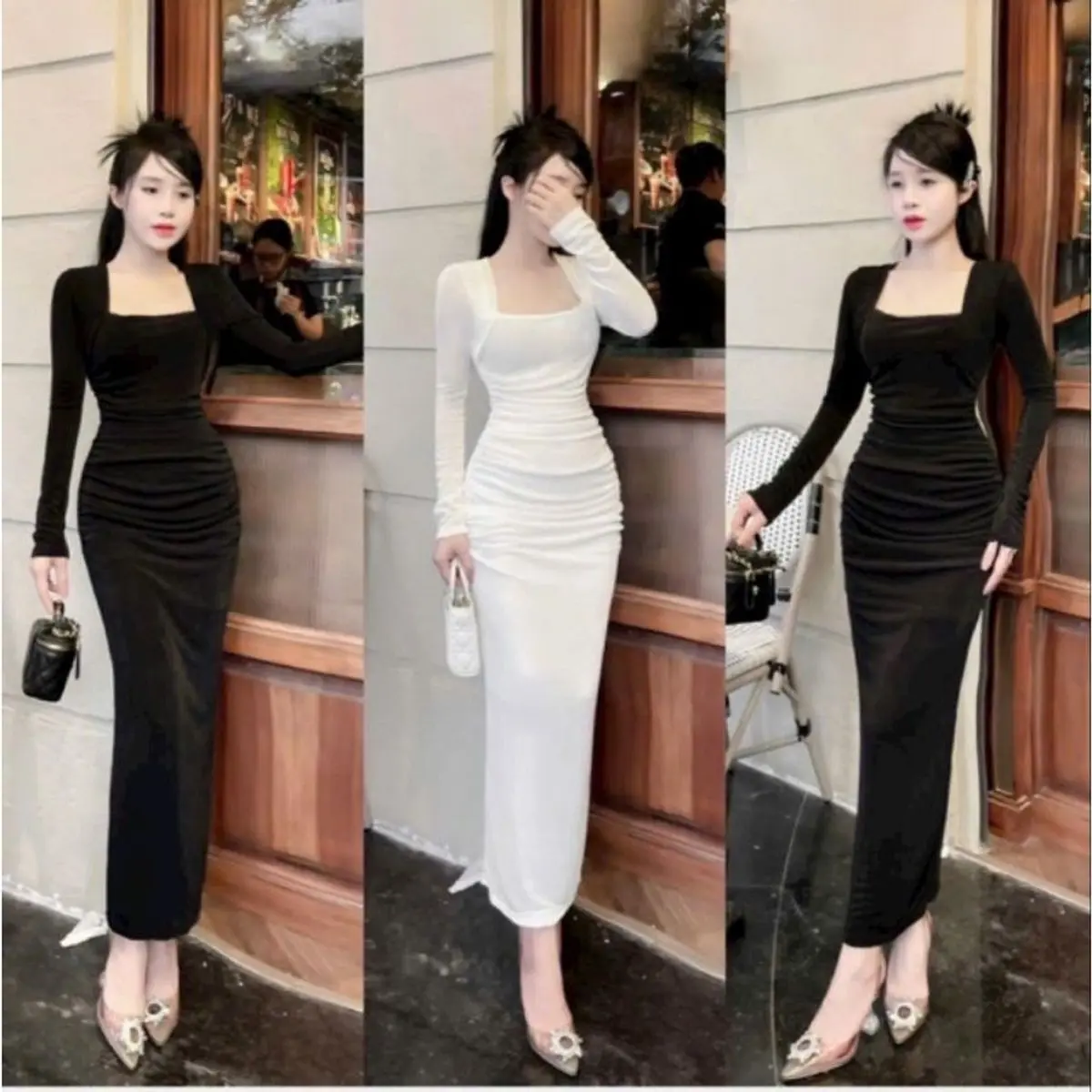 Đầm Tay Dài Cổ Vuông - Dài Midi Nhún Hai Bên Eo Ôm Body Sexy Basic Đơn Giản Tiểu Thư Bánh Bèo Sang Chảnh Women Nữ Đen Dress