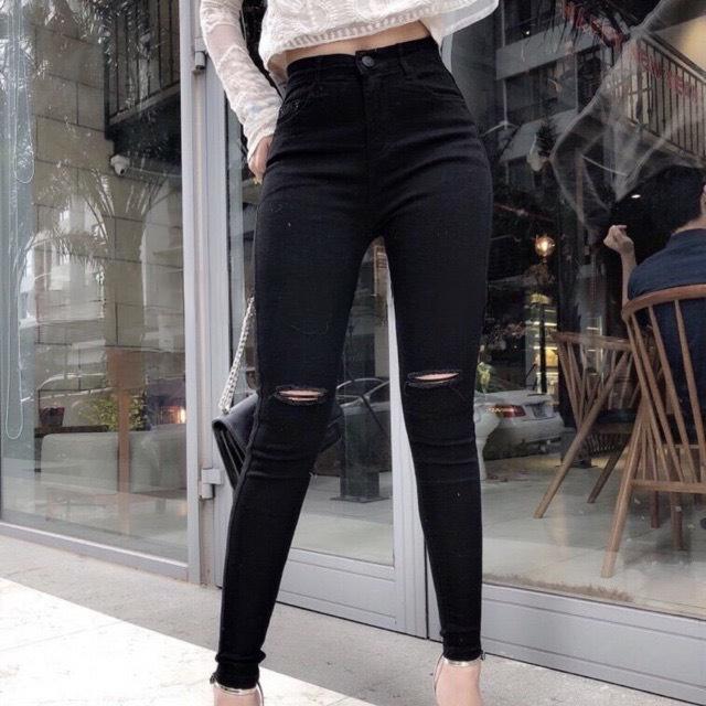 quần jean nữ Đen rách gối, quần bò nữ skinny lưng cao ôm sát chất vải mềm mịn co giãn