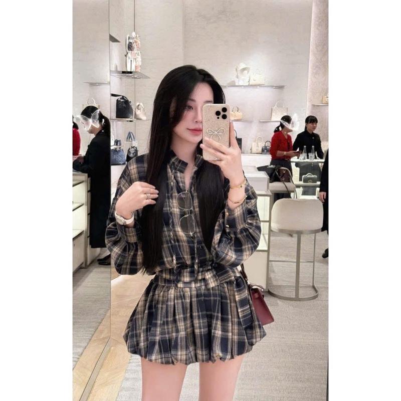  Set Áo Sơmi Mix Chân Váy Bí Xoè Kẻ Caro Xanh Kèm Dây Đai Chất Thô Mềm-Dành cho Nữ diện đi chơi,đi date siêu xinh 