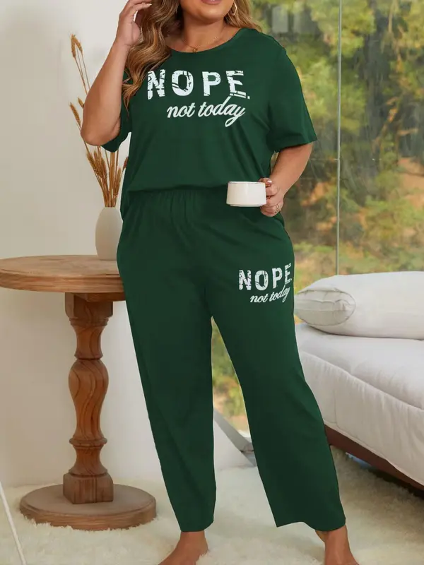 【Plus Size】 Letter Print Short Sleeve Tee & Pants Pajama Two-piece Set, Casual Comfy Round Neck T-shirt & Trousers Pajama Set, Women's Sleepwear for Summer 0
