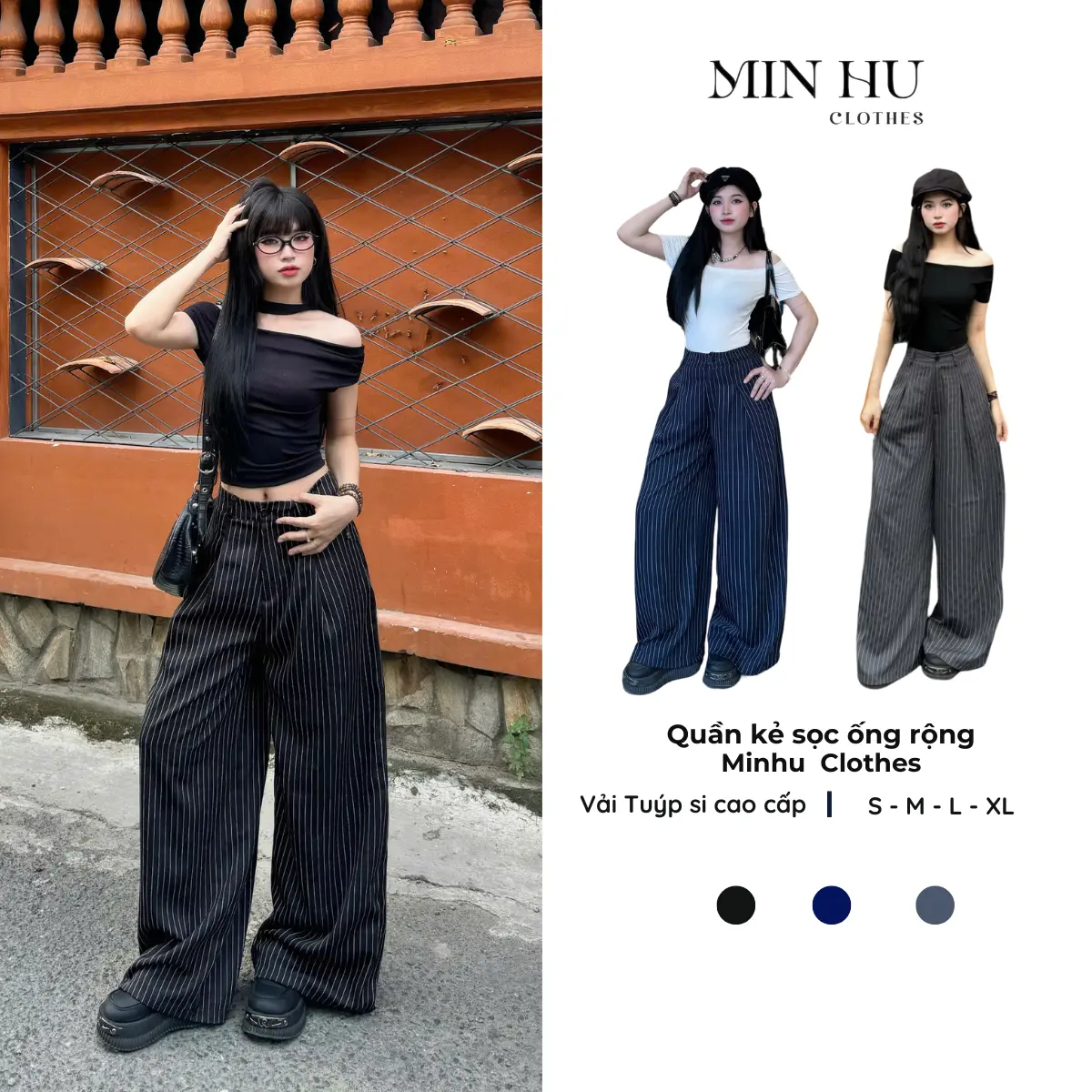Quần kẻ sọc ống rộng Minhu Clothes, quần ống suông kẻ sọc màu đen unisex
