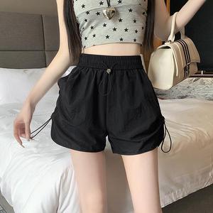 Spicy Girl Casual Quick Drying Shorts for Women Summer Pleated Loose Versatile High Waisted Workwear Short Pants Womenswear Bottom Lingerie Baggy Basic Black Minimalist Oversize