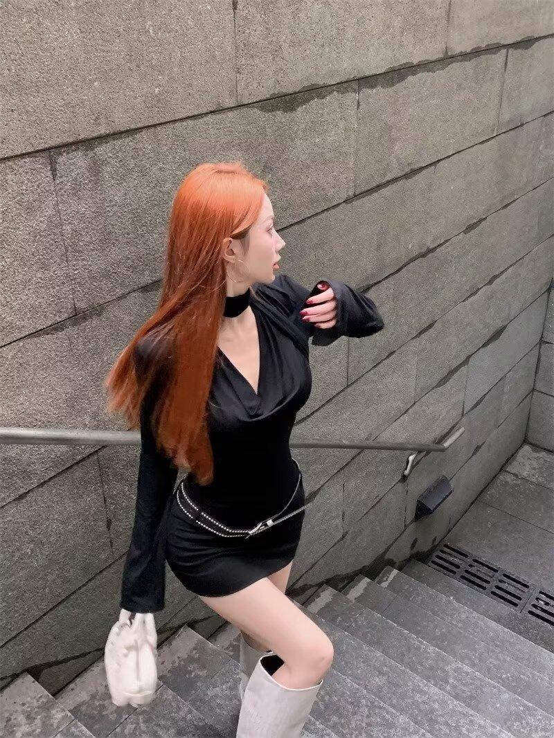 Product Introduction of New Women's Fashion Sister American Style Spaghetti Strap Long Sleeve Dress for Women Autumn New Waist-Cinching Elegant Sexy Bodycon Short Dress 13