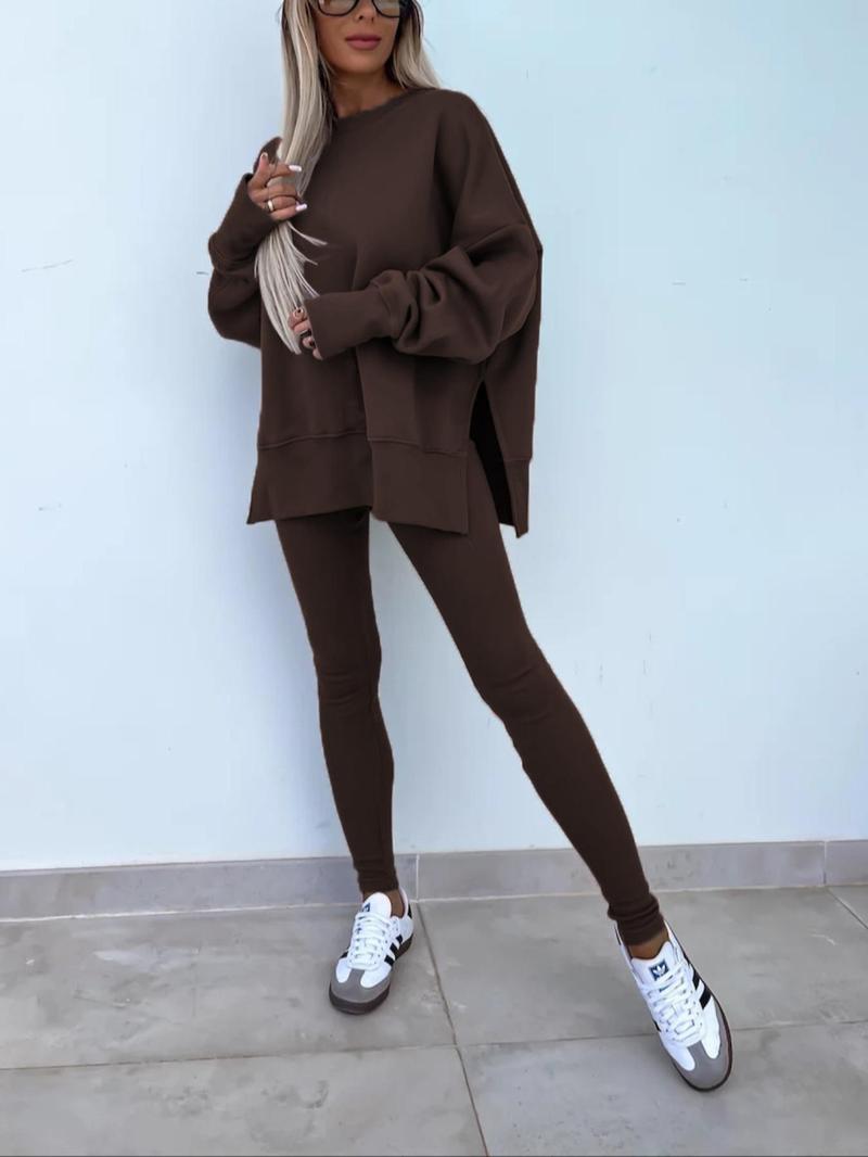 Product Introduction of Women's Solid Split Hem Sweatshirt & Pants Two-piece Set, Casual Fashion Cozy Breathable Two Piece Outfits for Daily Outdoor Wear, Ladies Clothes Fitness  for All Seasons 3