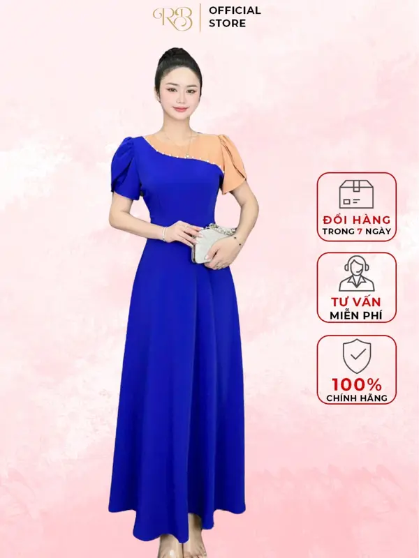 Đầm maxi RUBY thiết kế cao cấp tặng Mẹ thiết kế cổ tròn tay phồng dáng dài xòe đính ngọc trai phối tay kiểu chất mango mềm mát nhiều màu 0