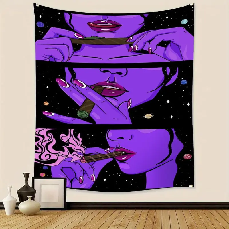 Smoking Girl Tapestry, 1 Count Trippy Hanging Tapestry, Wall Hanging Decor for Home Bedroom Living Room, Home Decor Set 2