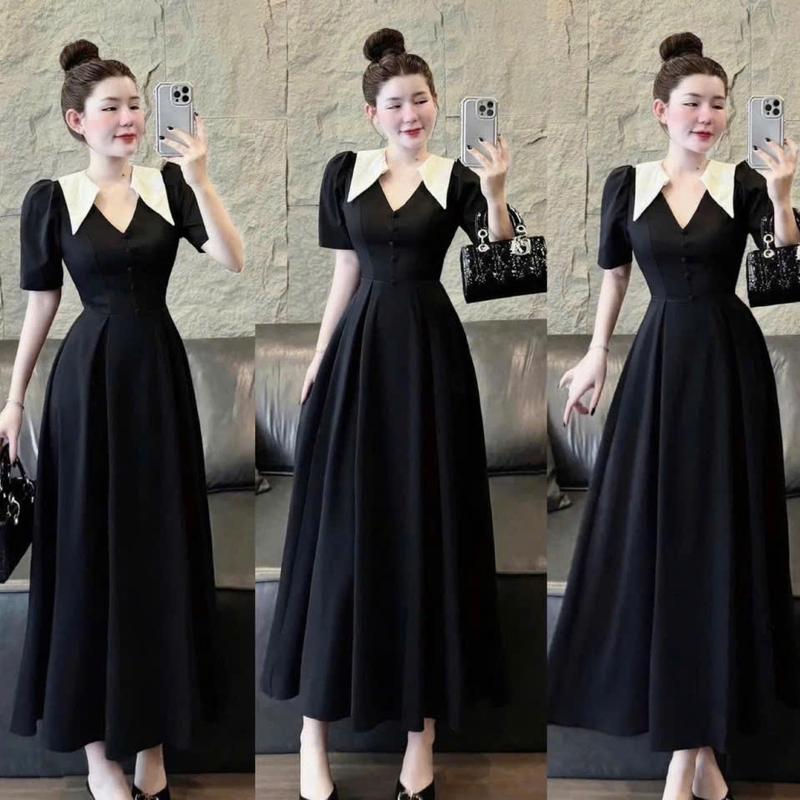 BIGSIZE HIẾU HIẾU (55-95KG) - Đầm nữ dự tiệc sang trọng dáng dài tay ngắn phối cổ bèo nhọn kem