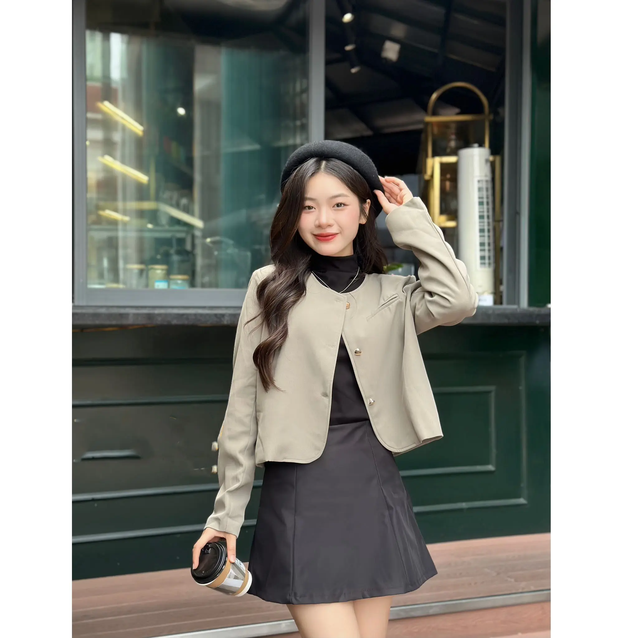 Áo Khoác Vest Blazer Nữ Trơn Khuy Đồng Cổ Tròn 29feb.closet Một Túi Trước Thu Đông - A350 Women Top  Kem | BigBuy360 - bigbuy360.vn