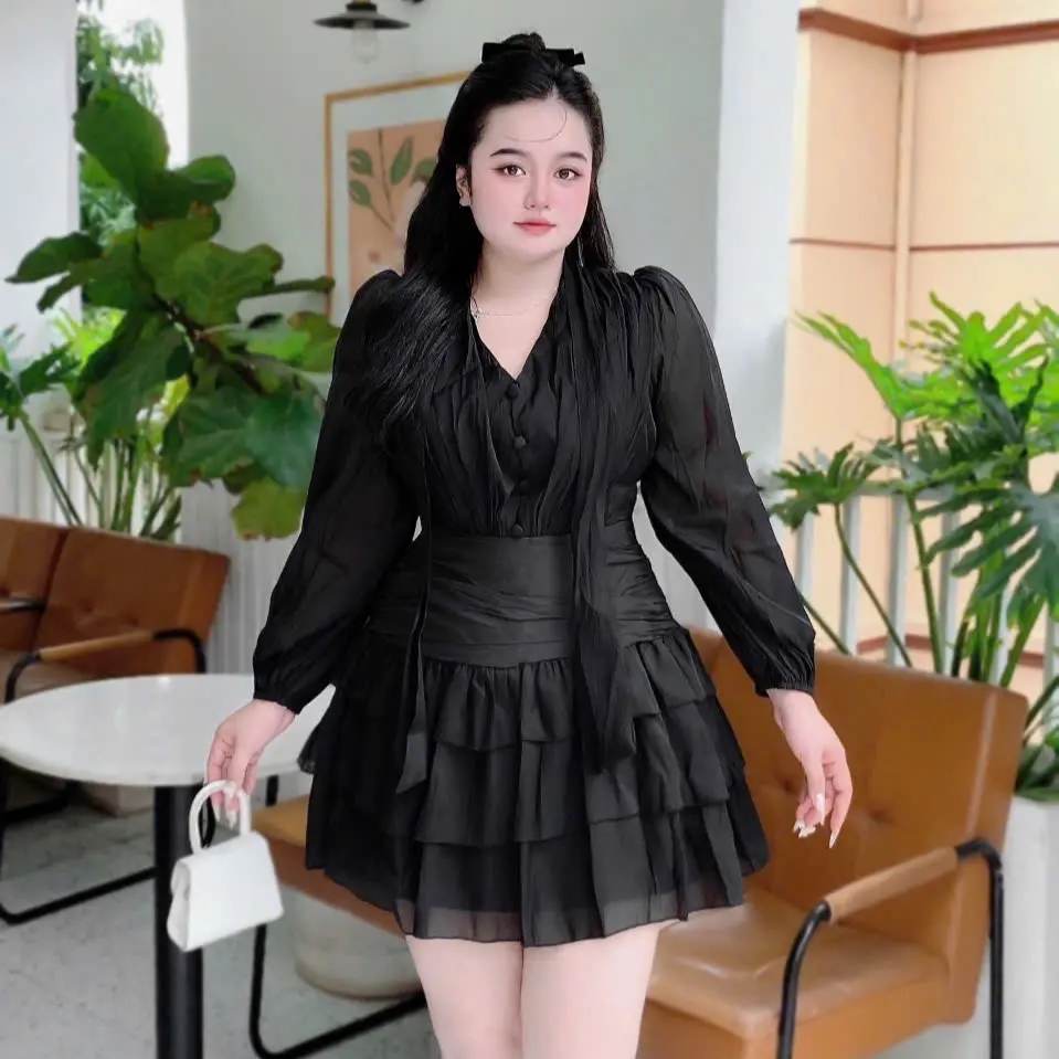 Đầm tơ cổ dây 55-90kg Quỳnh như bigsize chất tơ không ngứa đen kem Nữ Women Nhung Voi Voan Dress