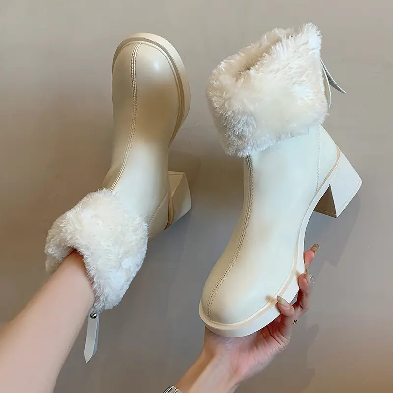 Boot Martin, Dành Cho Nữ, Gót Khối, Lót Lông Cừu, Ấm Áp, Viền, Ngắn, Phong Cách Hàn Quốc, Gót Trung Bình Dày, Mũi Tròn, Bông, Mùa Đông 2023 Hàng Mới Về