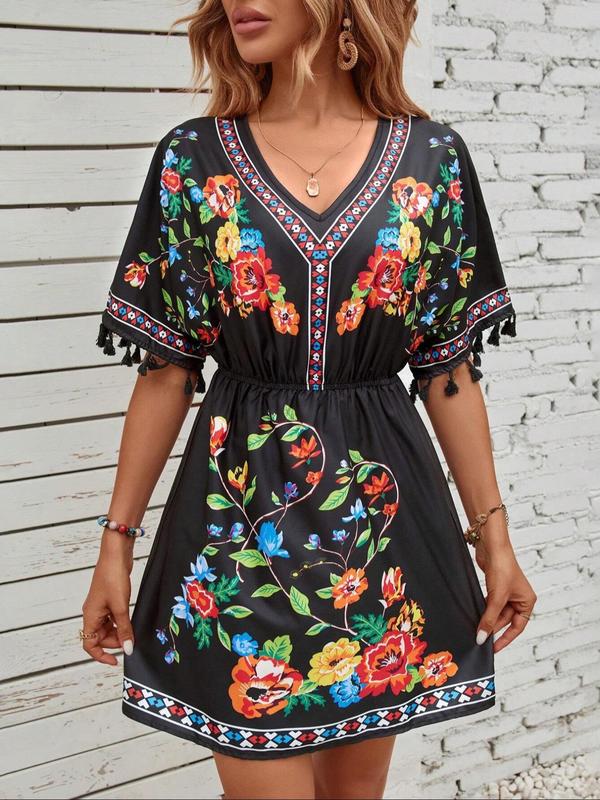 Women's Floral Ethnic Pattern Fringe Trim V Neck A Line Dress, Boho Fashion Short Sleeve Short Dress for Daily Holiday Vacation Wear, Ladies Dress for Summer 2