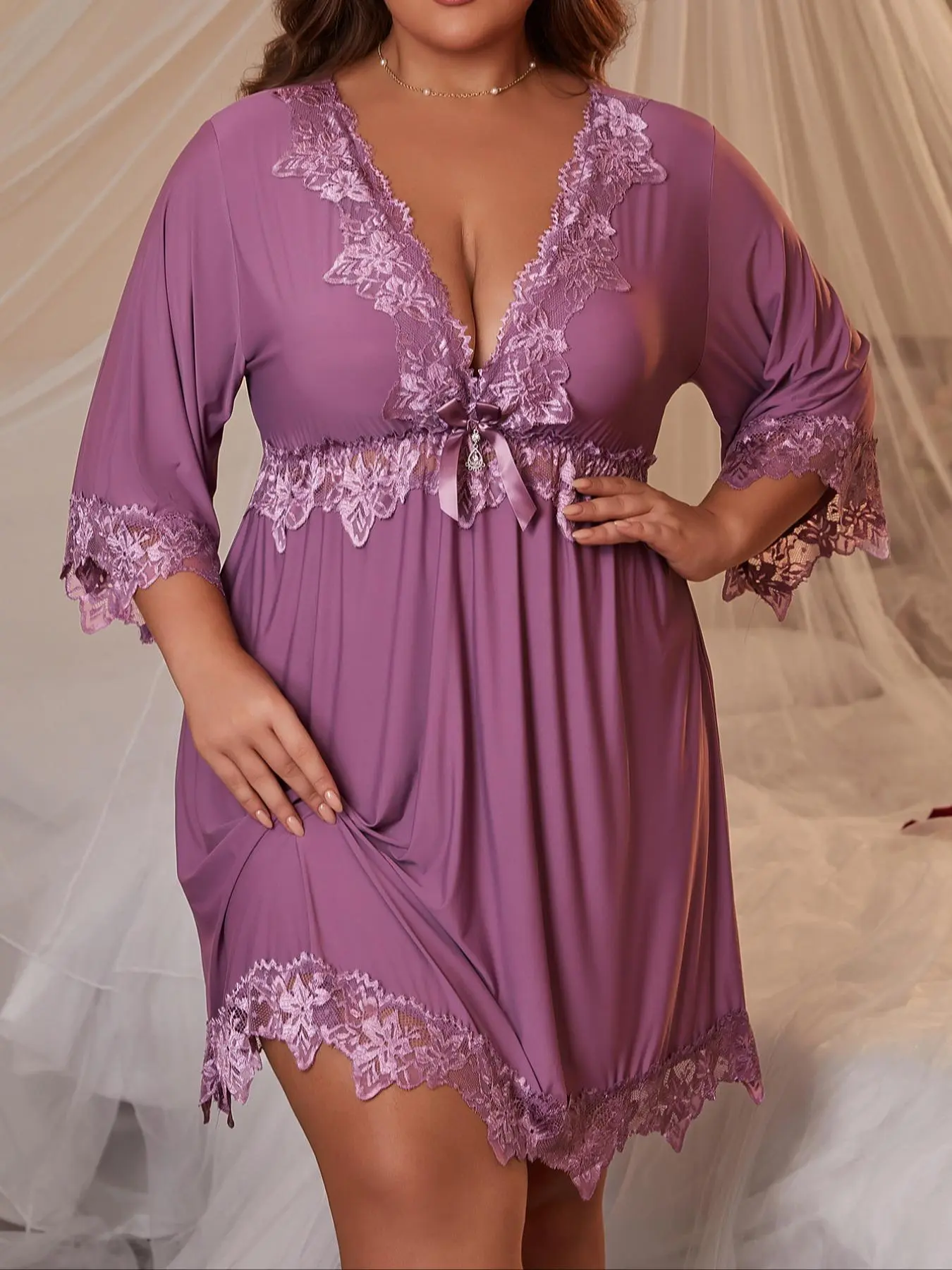 【Plus Size】 Floral Lace Bow Front Nightdress, Casual Soft Comfortable Deep V Neck 3/4 Sleeve Nightgown for Women, Women's Sleepwear for All Seasons