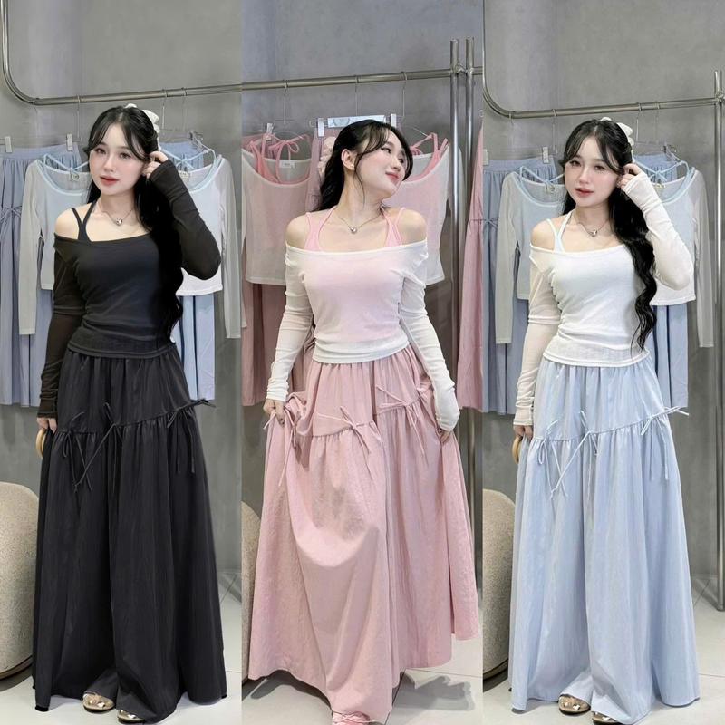 BIGSIZE HIẾU HIẾU 55-95KG - Set bộ nữ 3 món đi biển Áo yếm + Áo trễ vai tay dài + Cv dài đính nơ xinh xắn S514