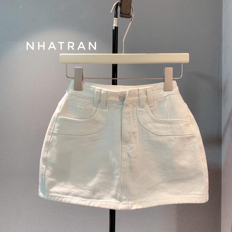 Phom Ngắn 33cm - Chân váy jean nữ phom ngắn chữ a chất Denim cotton Women Nhung Voi Khuy có lót bảo vệ VIỀN TÚI