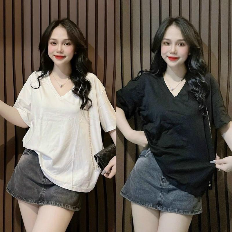 Áo thun cotton Thái nữ có PHOM VỪA PHOM RỘNG cổ tim trơn Mã cotton Thái cổ tim Top Women Cổ Tim