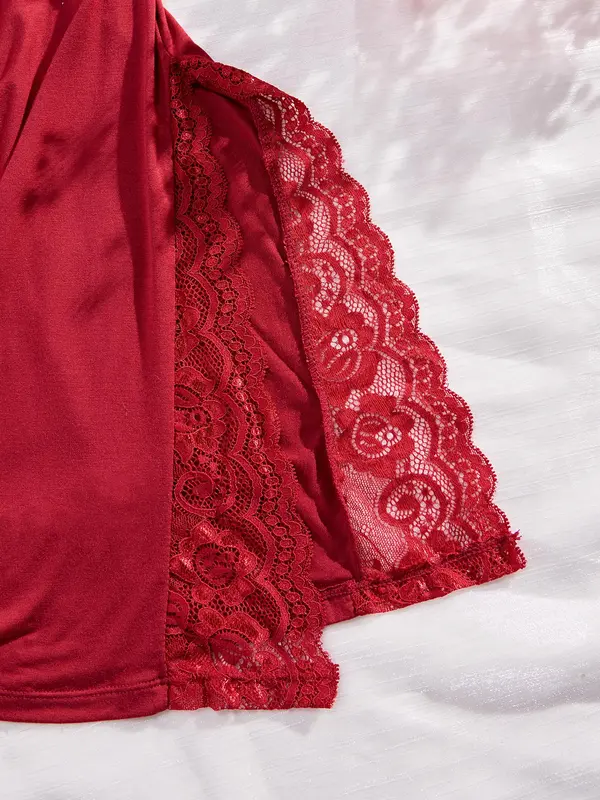 Plus Size Solid Color Lace Trim Split Thigh Design Cami Nightdress, Soft Comfortable Nightgown for Women, Women's Sleepwear for All Seasons 7