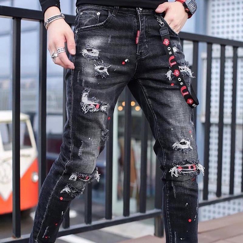 Quần jean nam màu đen xám kiểu rách vá vải vẩy sơn cao cấp trẻ trung Bắp store23 ms34 Menswear Pants