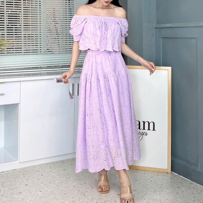  Set Bộ MIMIX Boi Thêu Nữ Áo Baby Doll Đính Nơ Tay Ngắn Kèm Chân Váy Dáng Dài Xòe EE2320 setthô thêuhoanổi 