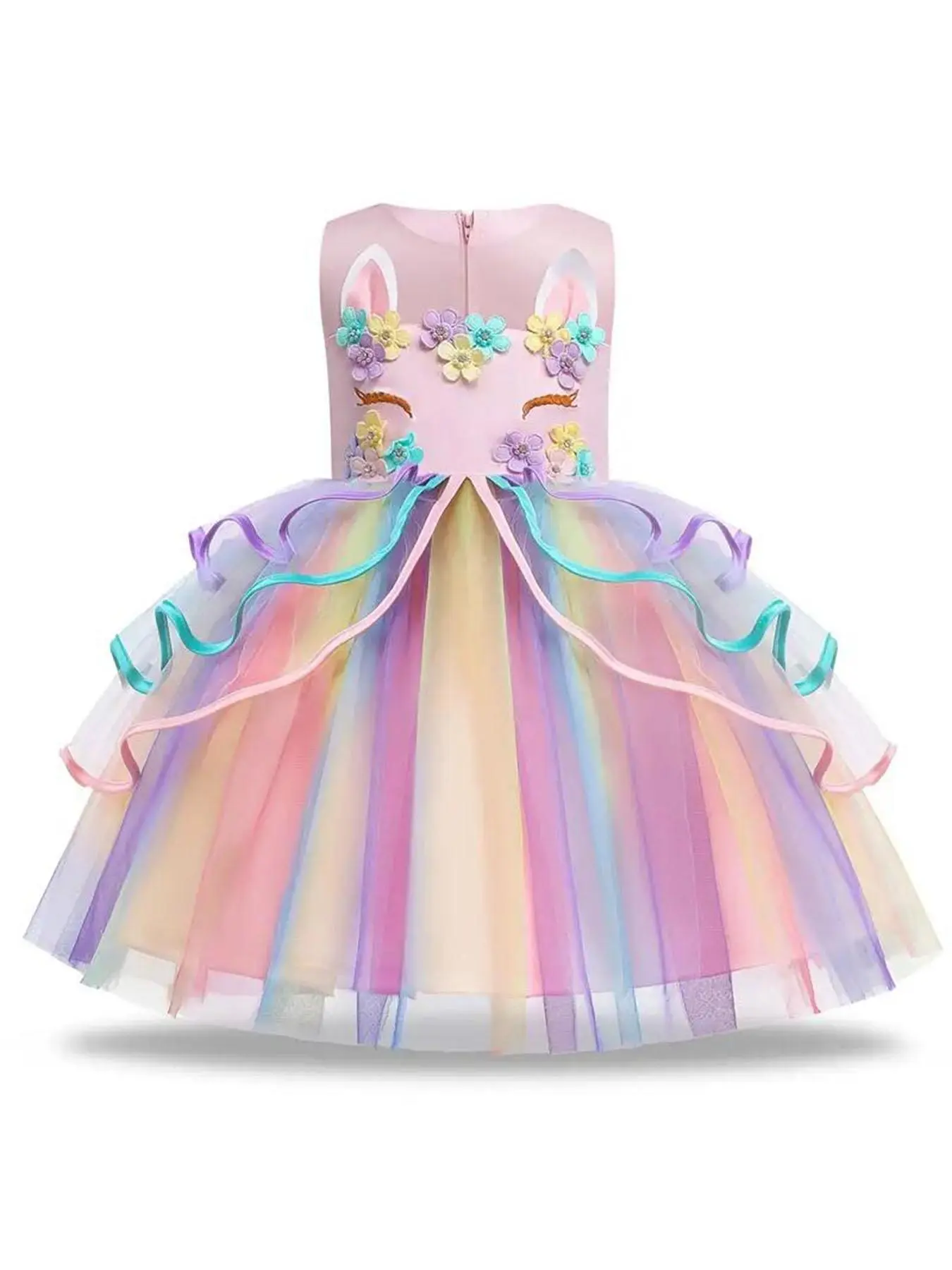 Girl's Summer Clothes Colorful Contrast Mesh Flowers Tiered Layer Party Dress, Princess Dresses for Girls, Kids Clothes, It Girl Birthdsy Dresses