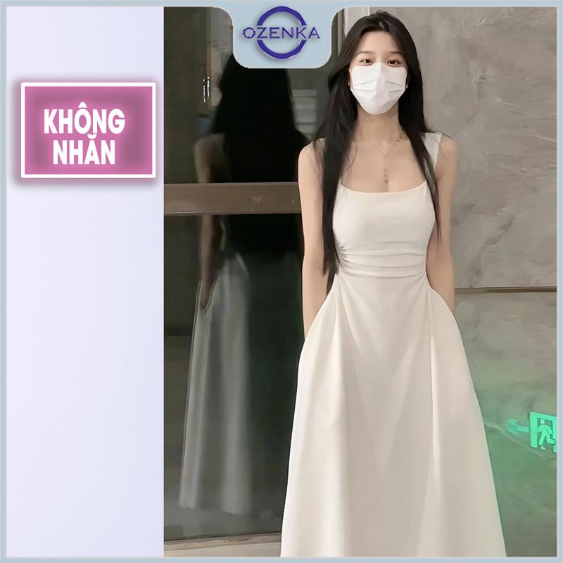 Đầm đi biển dự tiệc 2 dây xòe dài có túi trắng đen Ozenka ,  váy maxi xòe sang chảnh gợi cảm đẹp mặc đi chơi dạo phố Nữ Women Dress Voi