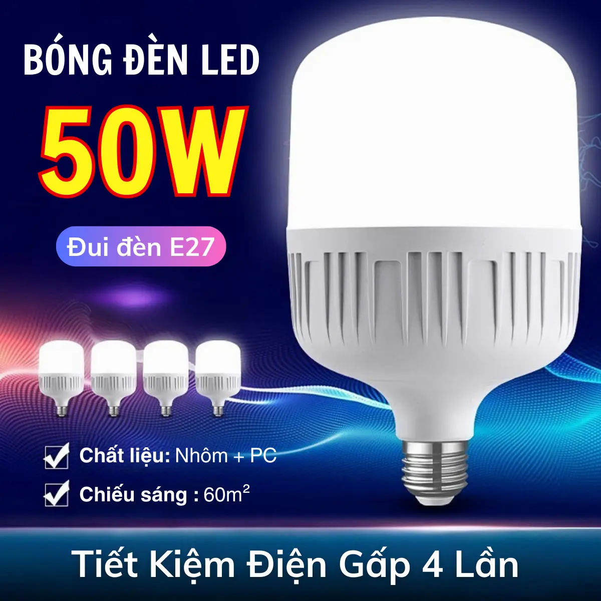 Bóng Đèn Led 50W Đui Xoáy E27 Ánh Sáng Trắng Tiết Kiệm Điện. Bảo Hành 30 Ngày