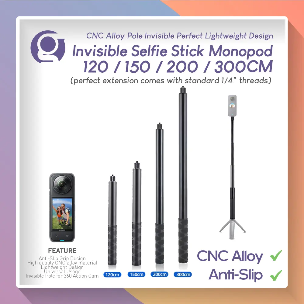 HOP iS Invisible Selfie Stick 1.2M 1.5M 2M 3M Tongsis Monopod 120cm 150cm 200cm 300cm for Panoramic Camera Insta360 X3 X4 Action Cam GoPro DJI