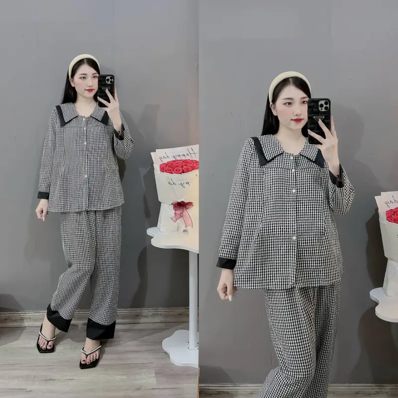 [XẢ KHO] Bộ Bầu - Bộ Sau Sinh, Chất Liệu Đũi Thái Kẻ Ô Nhỏ Cho Mẹ Bầu, Dáng Dài Cổ Nhọn 2 Lớp Có 5 Màu Mềm Mịn, Áo Có Khoá Kéo, Quần Có Chun Chỉnh Váy Bầu Đầm Bầu Dài Tay 4